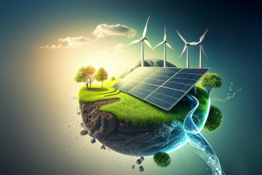 Hintergrund für erneuerbare Energien mit grüner Energie wie Windkraftanlagen und Sonnenkollektoren
