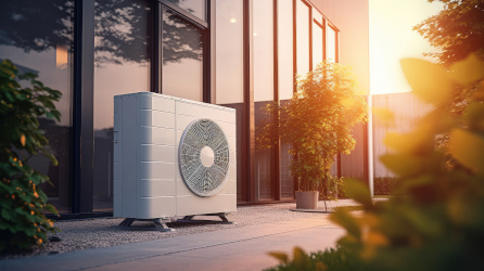Luftwärmepumpe in Wohngebäude installiert. Nachhaltige und saubere Energie zu Hause.